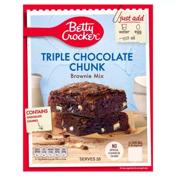 Betty Crocker Triple Chocolate Chunk Brownie Mix packaging featuring chocolate chunks and baking instructions.