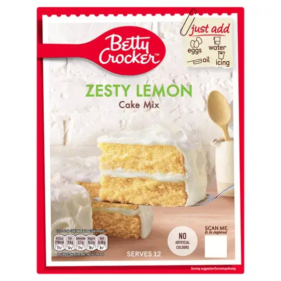 Betty Crocker Zesty Lemon Cake Mix package featuring moist lemon cake layers and easy baking instructions.