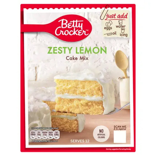 Betty Crocker Zesty Lemon Cake Mix package featuring moist lemon cake layers and easy baking instructions.