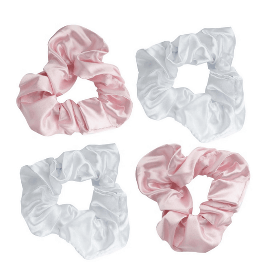 Brushworks Pink and White Satin Scrunchies pack of 4, ultra-soft, snag-free, stylish, and comfortable for hair.