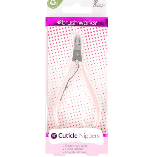 Brushworks Cuticle Nippers in packaging, stainless steel tool for precise, pain-free cuticle trimming and nail care.