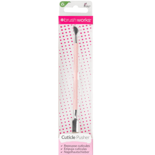 Brushworks Cuticle Pusher with dual ends for shaping cuticles and cleaning nail residue, suitable for natural and artificial nails.