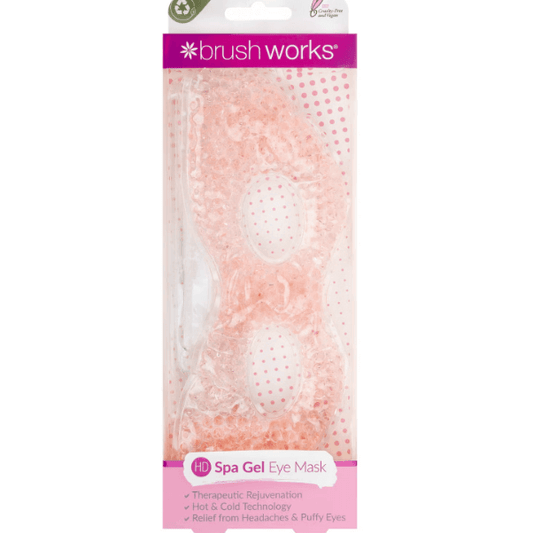 Brushworks Spa Gel Eye Mask in pink packaging for soothing tired eyes, featuring hot and cold therapeutic rejuvenation technology.