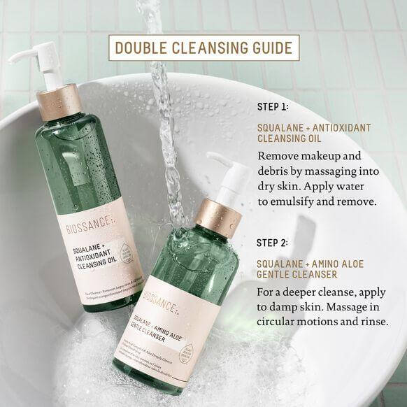 Biossance double cleansing guide featuring Squalane Cleansing Oil and Amino Aloe Gentle Cleanser in use.