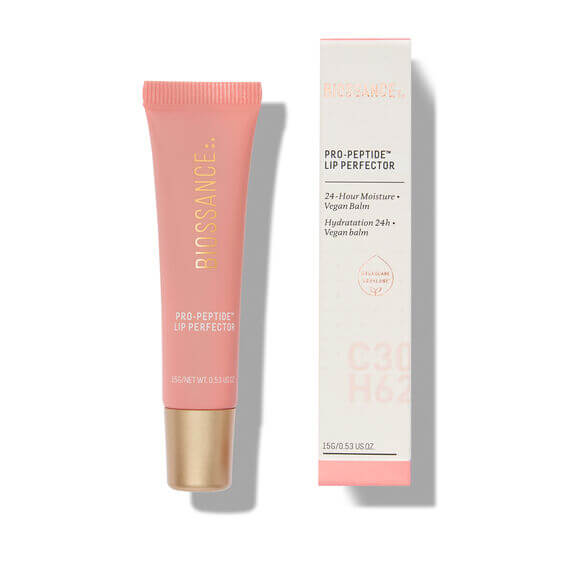 BioSSANCE Pro-Peptide Lip Perfector with pink tube and white box on a white background