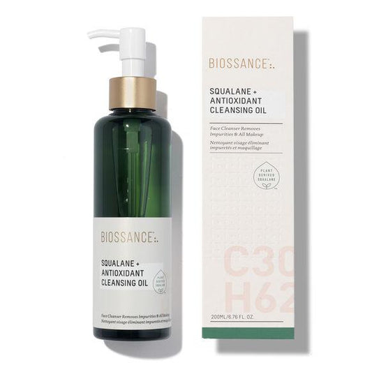 BIOSSANCE Squalane + Antioxidant Cleansing Oil bottle and packaging, 25ml, lightweight formula for healthy complexion.