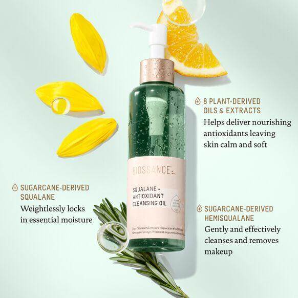 BIOSSANCE Squalane + Antioxidant Cleansing Oil with plant oils, removing makeup while hydrating and nourishing skin.