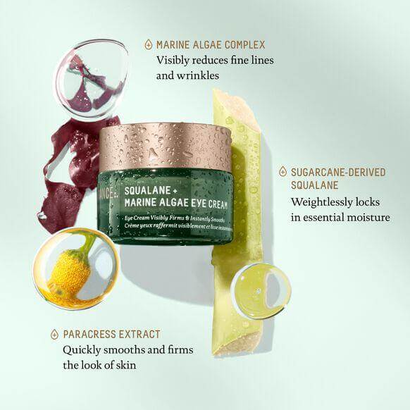 Biossance Squalane + Marine Algae Eye Cream jar with ingredients details highlighting skin benefits.