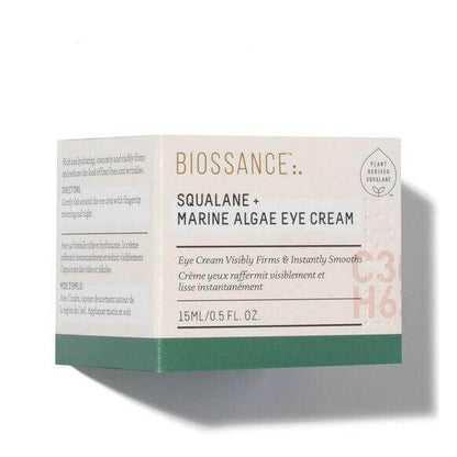 Biossance Squalane + Marine Algae Eye Cream 15ml packaging showcasing nourishing eye cream benefits.