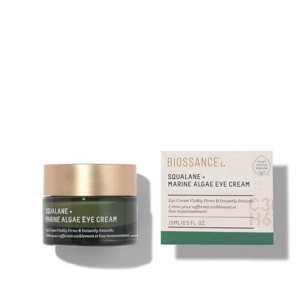 Biossance Squalane + Marine Algae Eye Cream 15ml jar and box, hydrating eye treatment for fine lines and wrinkles.
