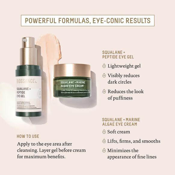 Biossance Squalane + Marine Algae Eye Cream and Peptide Eye Gel with benefits for reducing dark circles and fine lines.