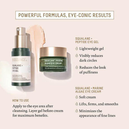 Biossance Squalane + Marine Algae Eye Cream and Peptide Eye Gel with benefits for reducing dark circles and fine lines.