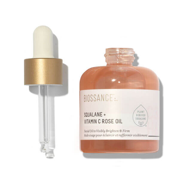 Biossance Squalane + Vitamin C Rose Oil 30ml bottle with dropper for skin brightening and hydration.