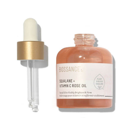 Biossance Squalane + Vitamin C Rose Oil 30ml bottle with dropper for skin brightening and hydration.
