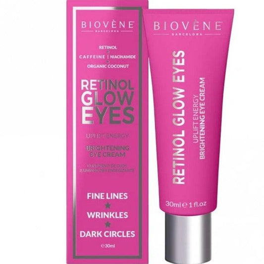 BIOVENE Retinol Glow Eyes Uplift Energy Brightening Eye Cream 30ml, targets fine lines, wrinkles, and dark circles with hydration.