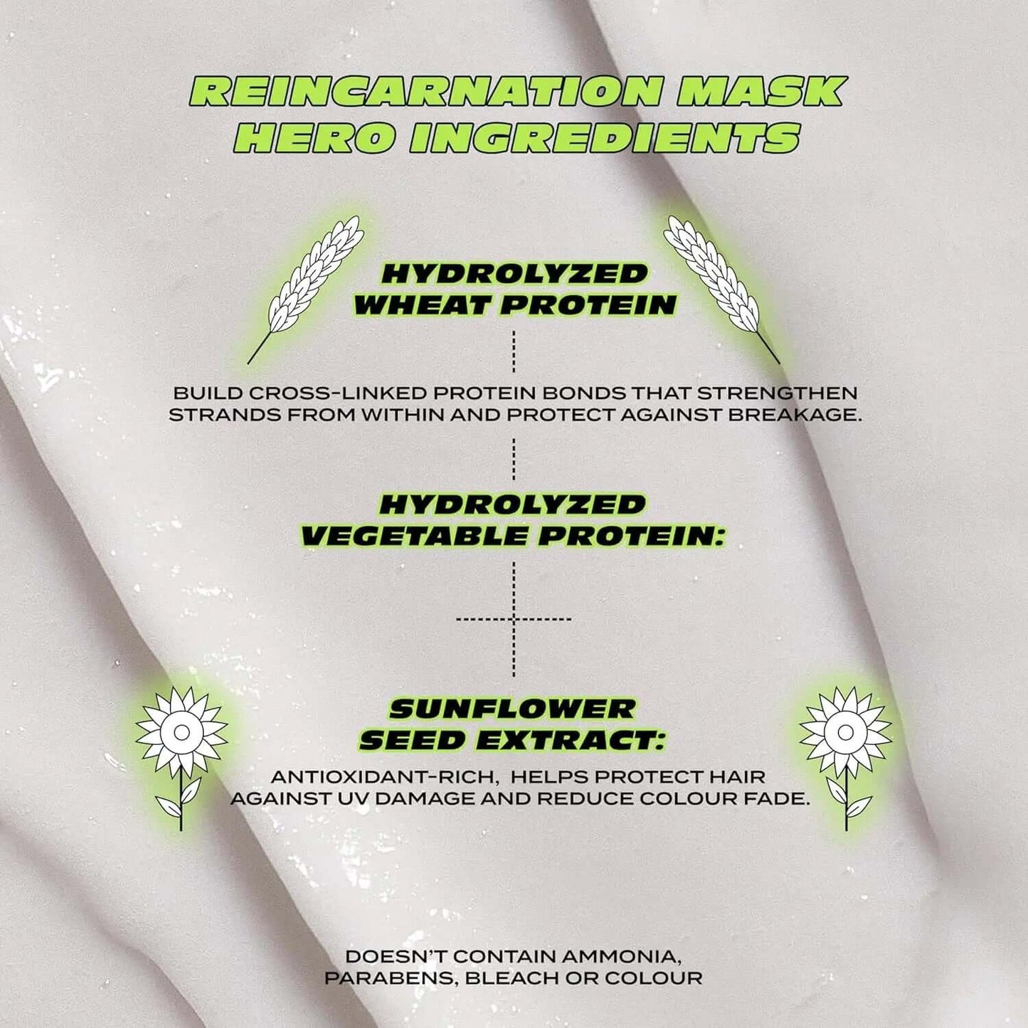 Bleach London Reincarnation Mask hero ingredients including hydrolyzed wheat protein, vegetable protein, and sunflower seed extract.