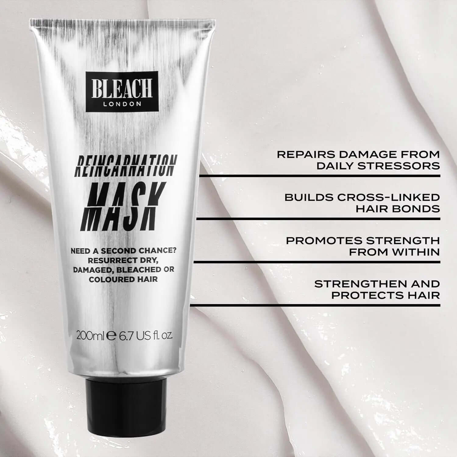 Bleach London Reincarnation Mask 200ml for repairing damaged hair, promoting strength and hydration.