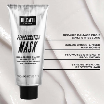 Bleach London Reincarnation Mask 200ml for repairing damaged hair, promoting strength and hydration.