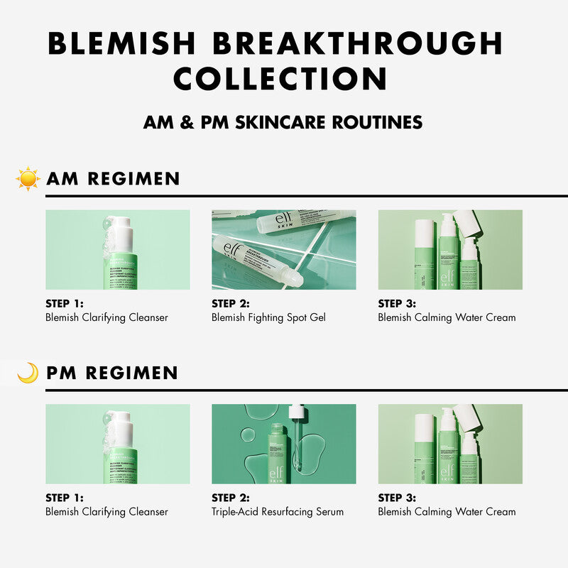 e.l.f Blemish Breakthrough collection showcasing AM and PM skincare routines with product steps and descriptions.