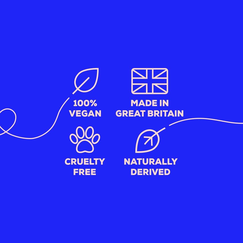 Bloom & Blossom Set of icons and text on a blue background indicating vegan, cruelty-free, made in Great Britain, and naturally derived products.