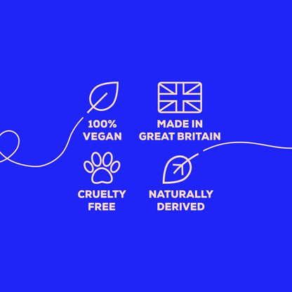 Bloom & Blossom Set of icons and text on a blue background indicating vegan, cruelty-free, made in Great Britain, and naturally derived products.