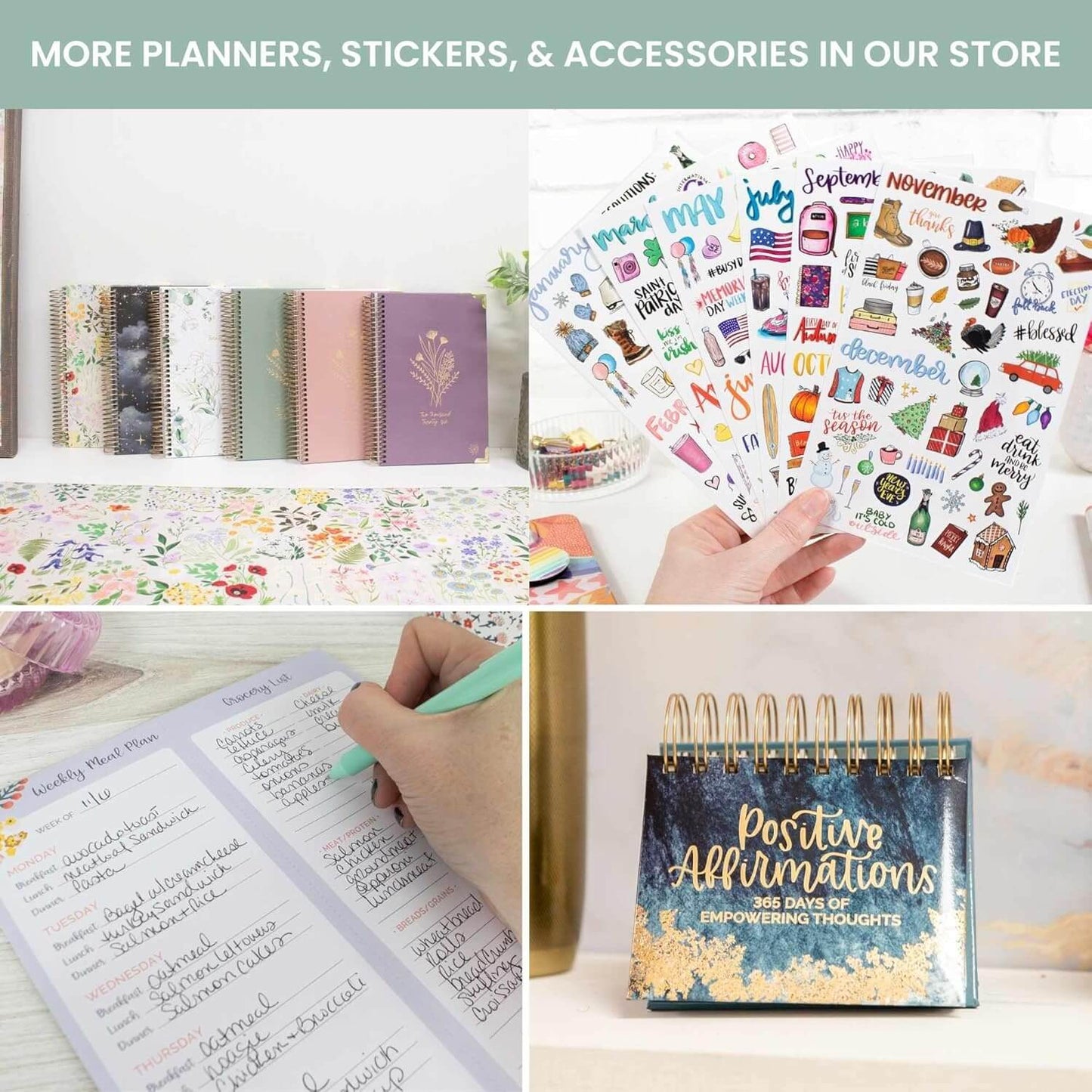 Bloom Daily Planners HARDCOVER 2026 styled with stickers, accessories, and empowering affirmations for creative organization.