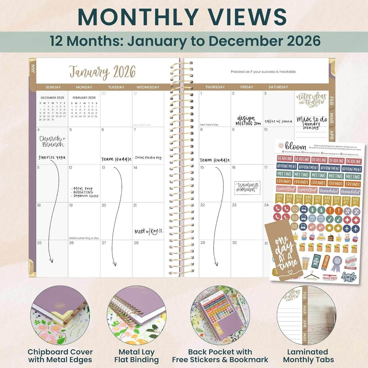 Bloom Daily Planners HARDCOVER 2026 monthly views layout with chipboard cover, sticker sheets, and bookmark.
