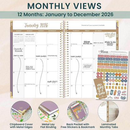 Bloom Daily Planners HARDCOVER 2026 monthly views layout with chipboard cover, sticker sheets, and bookmark.