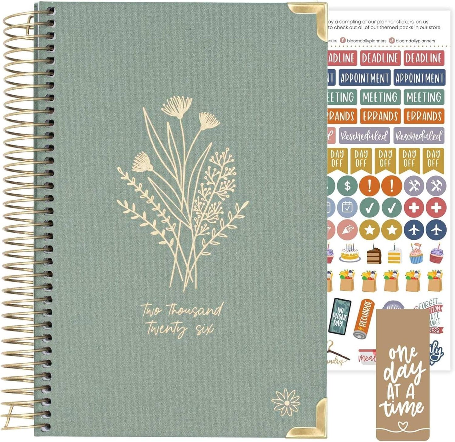 Bloom Daily Planners HARDCOVER 2026 with floral design, gold accents, and planner stickers for organized planning.
