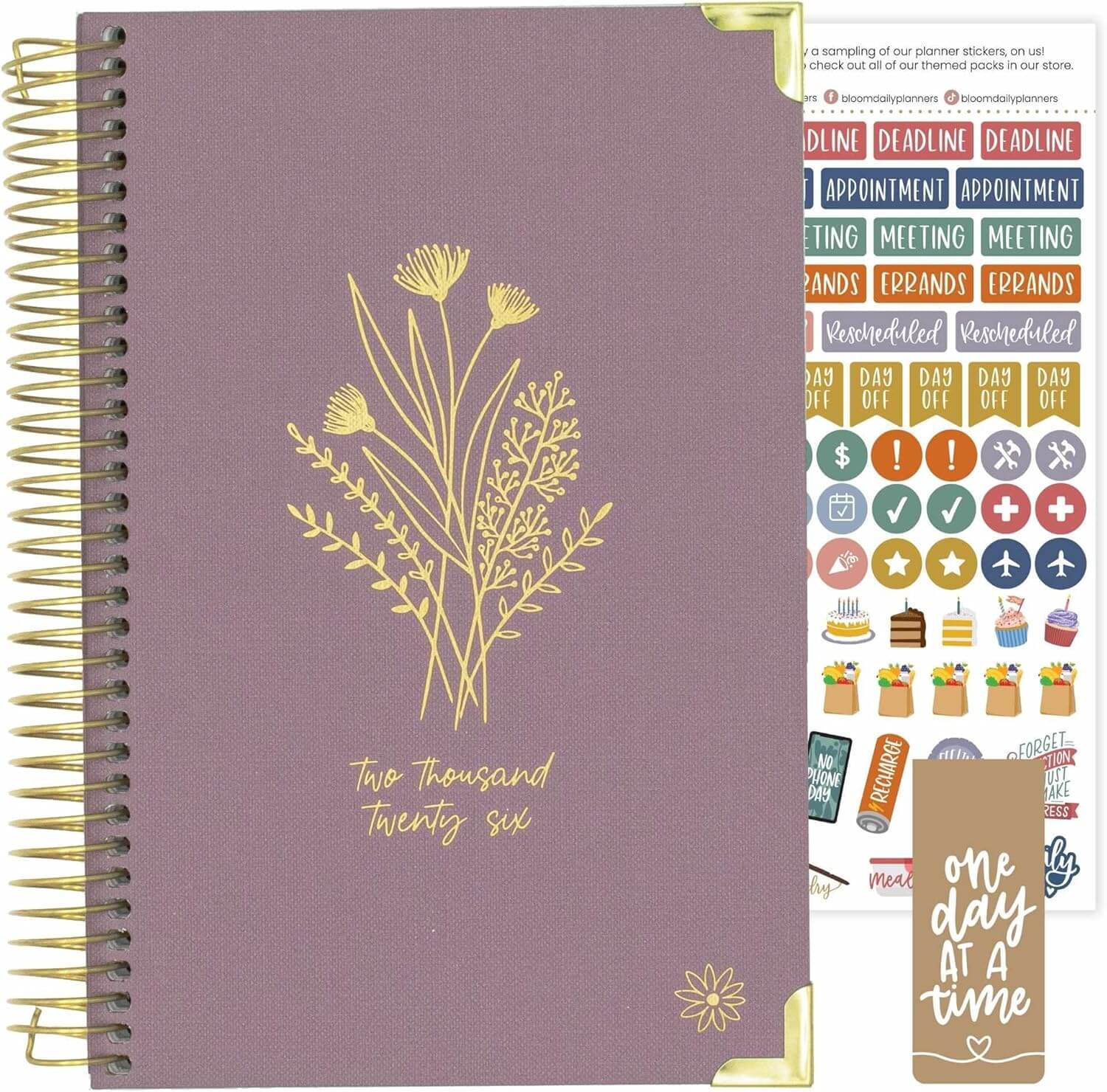 Bloom Daily Planners HARDCOVER 2026 with floral design and colorful planner stickers for organization.
