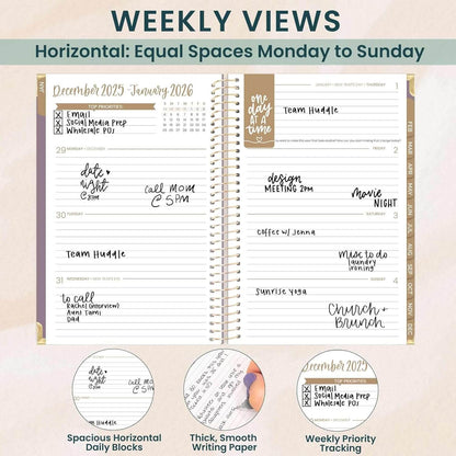 Bloom Daily Planners HARDCOVER 2026 weekly view layout with organized spaces for each day of the week.