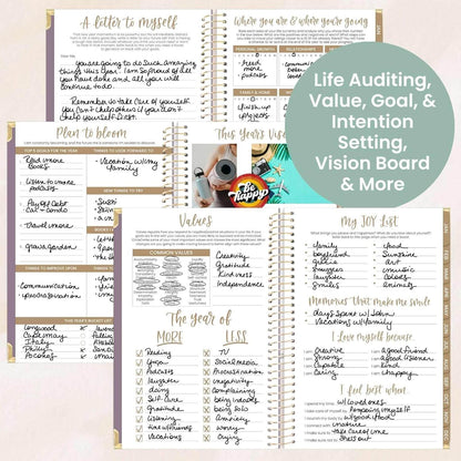 Bloom Daily Planners HARDCOVER 2026 showcasing life auditing, goal setting, and vision board features.