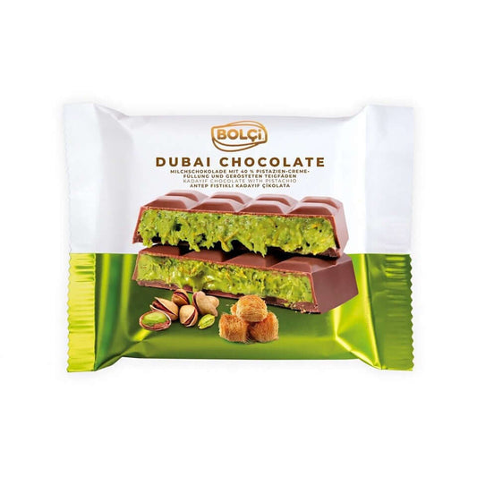 Bolci Dubai Chocolate with Pistachio Kadayif, showcasing rich milk chocolate and pistachio filling.