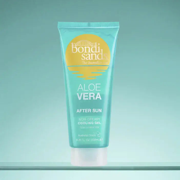 Tube of Bondi Sands Aloe Vera After Sun gel on a teal background
