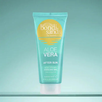 Tube of Bondi Sands Aloe Vera After Sun gel on a teal background