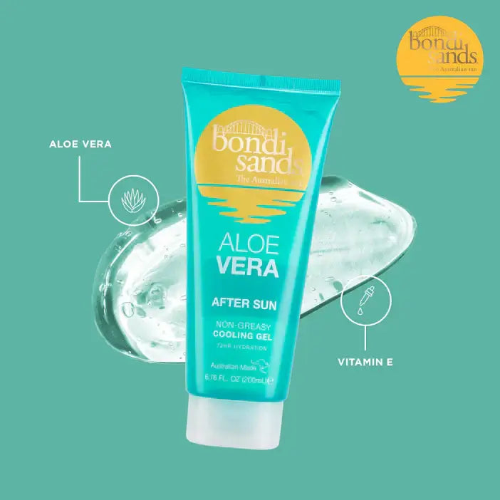 Tube of Bondi Sands Aloe Vera After Sun gel on a green background