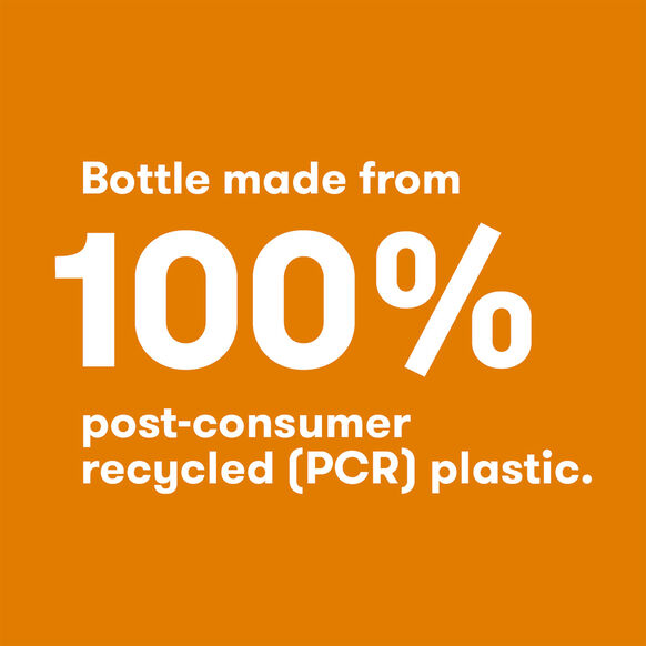 Text on an orange background indicating a Ren bottle made from 100% post-consumer recycled plastic.