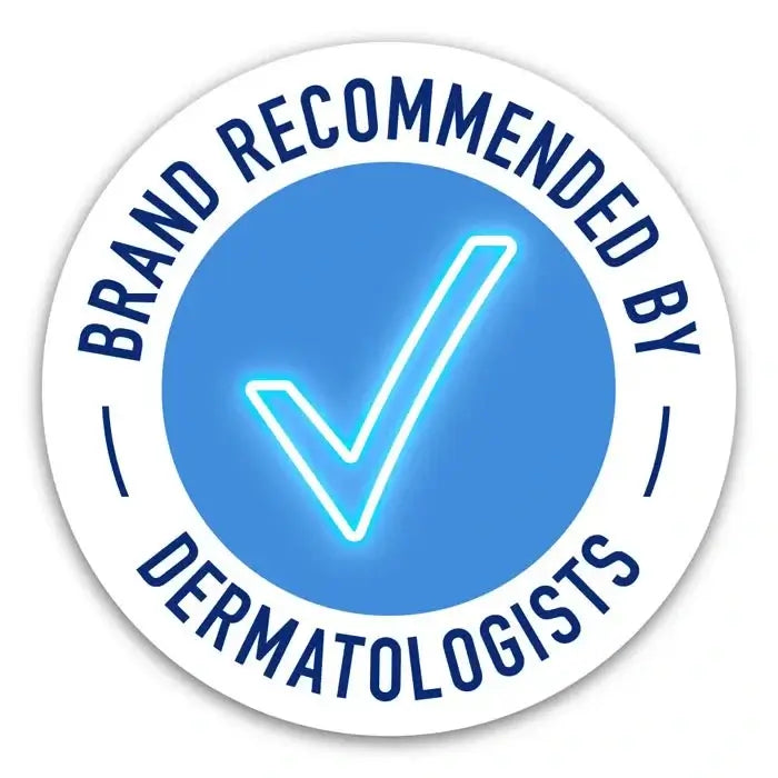 Circular badge with 'Brand Recommended by Dermatologists' text and a check mark on a white background