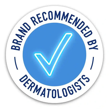 Circular badge with 'Brand Recommended by Dermatologists' text and a check mark on a white background