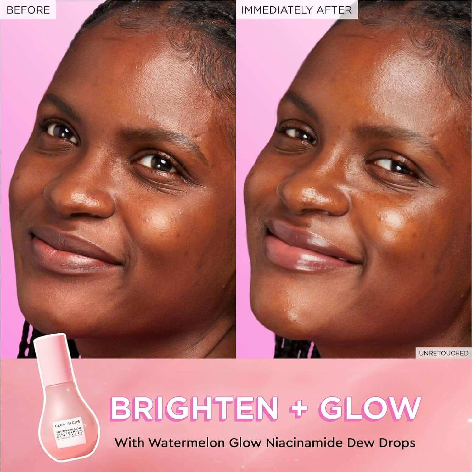 Before and after comparison of a woman's face with text 'Brighten + Glow' and Glow Recipe product branding.