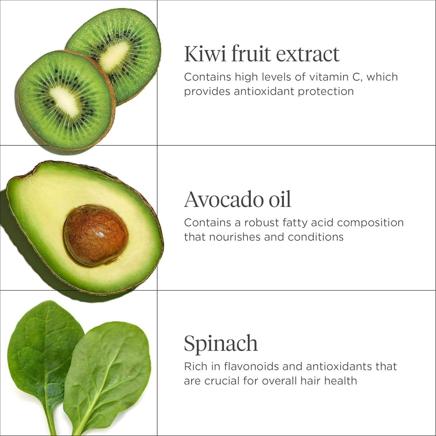 Images of kiwi fruit, avocado, and spinach with text about their health benefits on a white background.Briogeo
