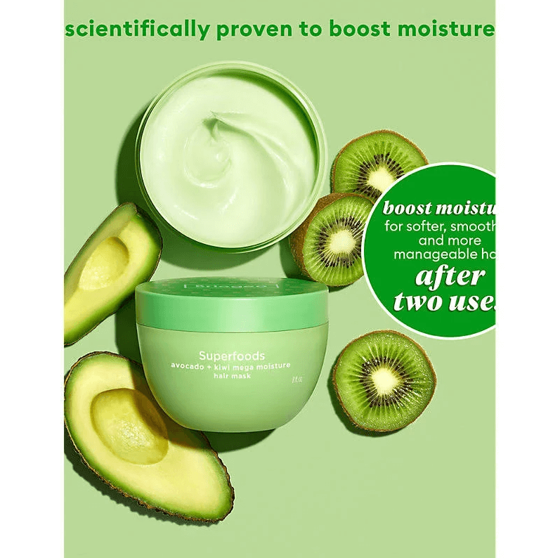 Briogeo Green hair mask with avocado and kiwi on a green background