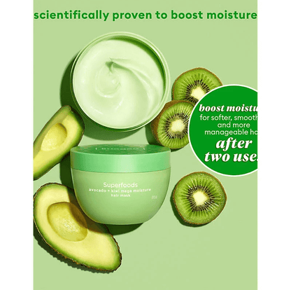 Briogeo Green hair mask with avocado and kiwi on a green background