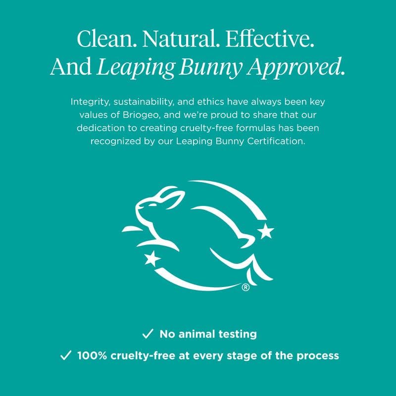 Briogeo Teal background with white text and Leaping Bunny logo