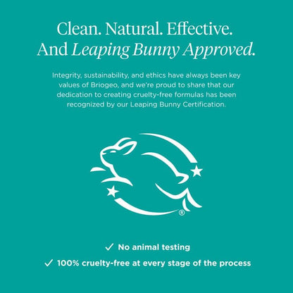 Briogeo Teal background with white text and Leaping Bunny logo