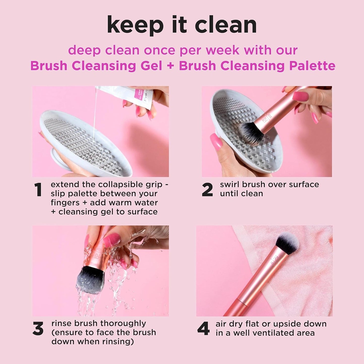 Instructions for cleaning makeup brushes with a cleansing gel and palette on a pink background.