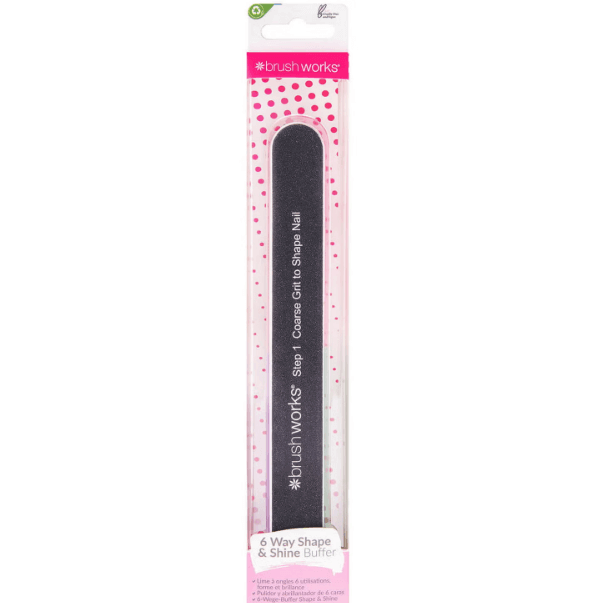 Brushworks 6 Way Shape and Shine Nail Buffer in packaging, designed for smooth and glossy nails.