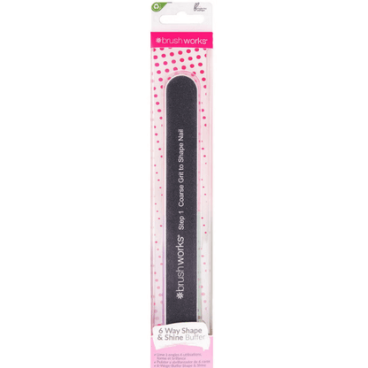 Brushworks 6 Way Shape and Shine Nail Buffer in packaging, designed for smooth and glossy nails.