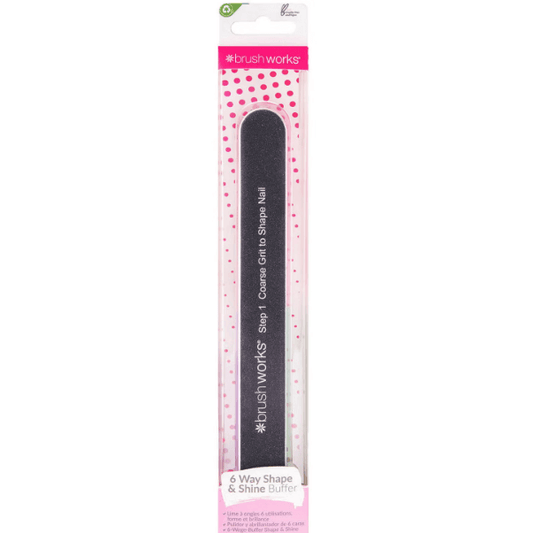 Brushworks 6 Way Shape and Shine Nail Buffer in packaging, designed for smooth and glossy nails.