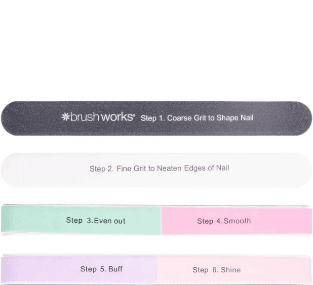Brushworks 6 Way Shape and Shine Nail Buffer showing steps to shape, smooth, and shine nails.